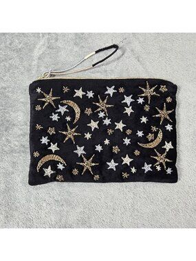 Printfresh Pouch Clutch Black Celestial Beaded Velvet Makeup Travel Toiletries